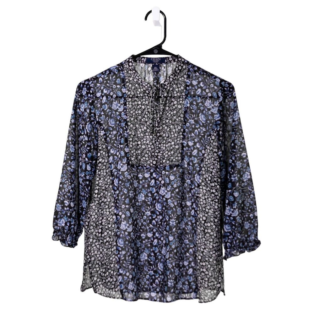 Chaps Ralph Lauren Women's Blouse Blue Floral Drawstring Sheer 3/4 Sleeve Top PS